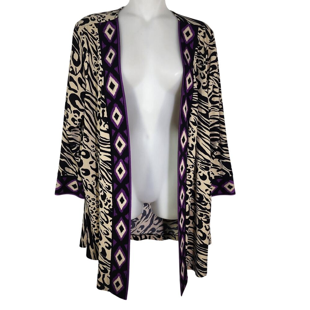 Susan Graver Cardigan Large Liquid Knit Border Printed 3/4 Sleeve Animal A234989